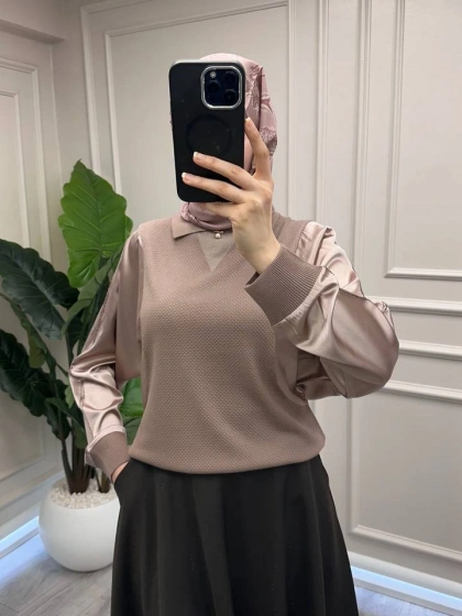 Ghisa 3651T4414 Kahve Kolları Saten Detaylı Tunik