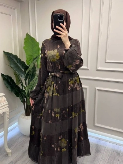 Misswhence 39843 Kahverengi Şerit Detaylı Desenli Elbise