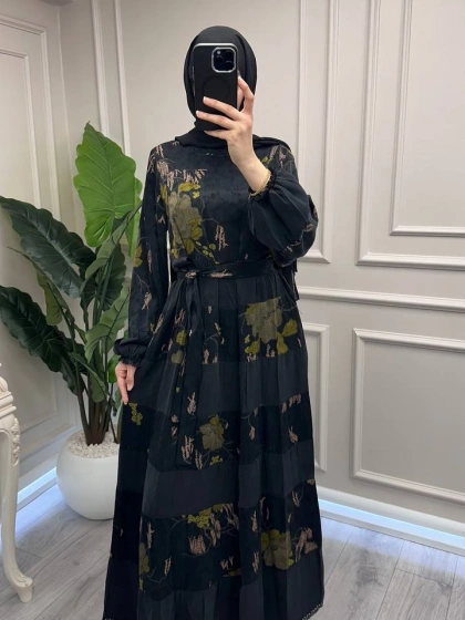 Misswhence 39843 Siyah Şerit Detaylı Desenli Elbise