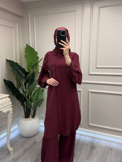 Trenç 3755 Bordo Yakası Broş Detaylı Kap Pantolon Takım