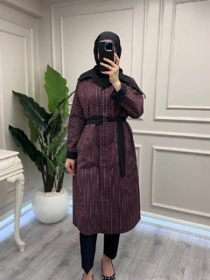 Trenç 3716 Bordo Ekose Desen Kemerli Kap