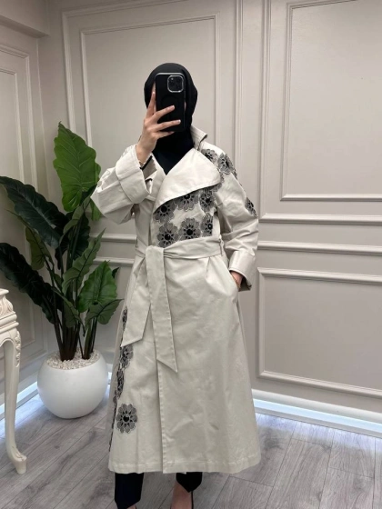 Trenç 3738 Taş Gül Desenli Trençkot