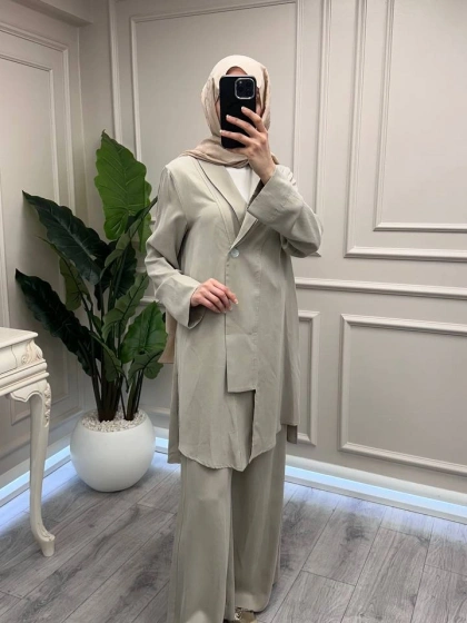 Trenç 3742 Bej Önü Düğmeli Kap Pantolon Takım