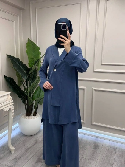 Trenç 3742 İndigo Önü Düğmeli Kap Pantolon Takım