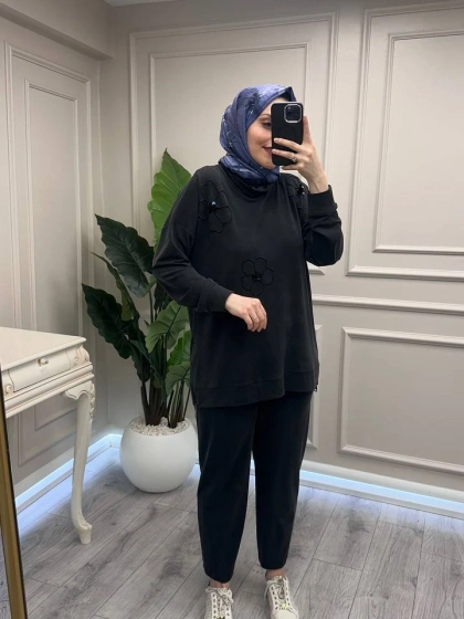 Wennora 1020 Siyah Çiçek Desenli Takım