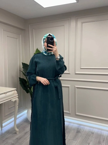 Misswhence 39833 Yeşil Nervür Detaylı Elbise