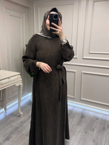 Misswhence 39833 Kahverengi Nervür Detaylı Elbise