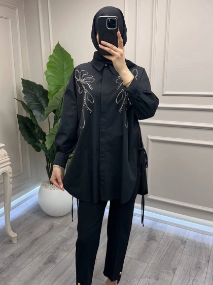 Ghisa 3610T4170B Siyah Taş İşlemeli Tunik