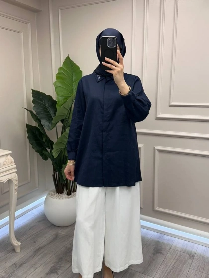 Wennora 1041 Lacivert Keten Gömlek