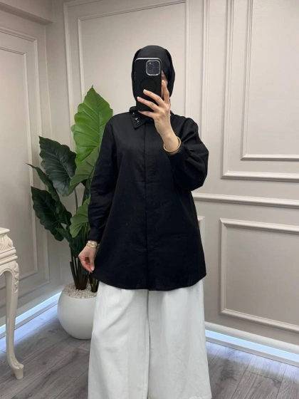 Wennora 1041 Siyah Keten Gömlek