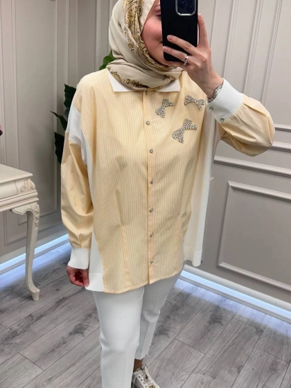 Ghisa 3610T4327 Sarı Yakası Taş Detaylı Tunik