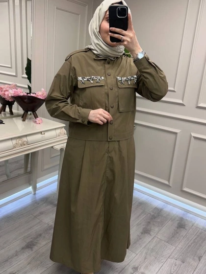 Wennora 1007 Haki Cepleri Taş İşlemeli Takım