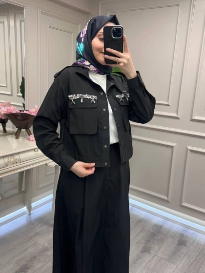 Wennora 1007 Siyah Cepleri Taş İşlemeli Takım