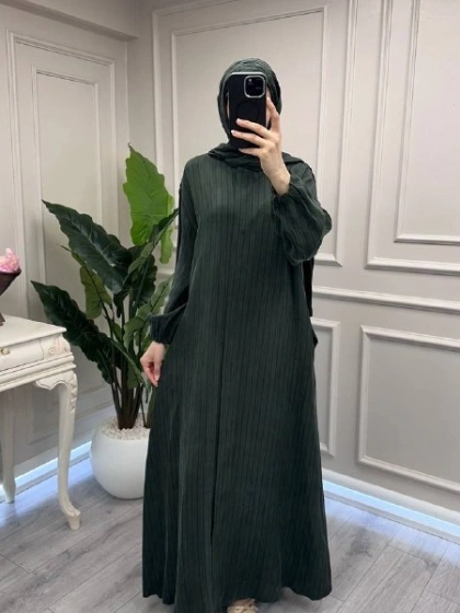 Misswhence 39514 Yeşil Çizgi Detaylı Şallı Ferace