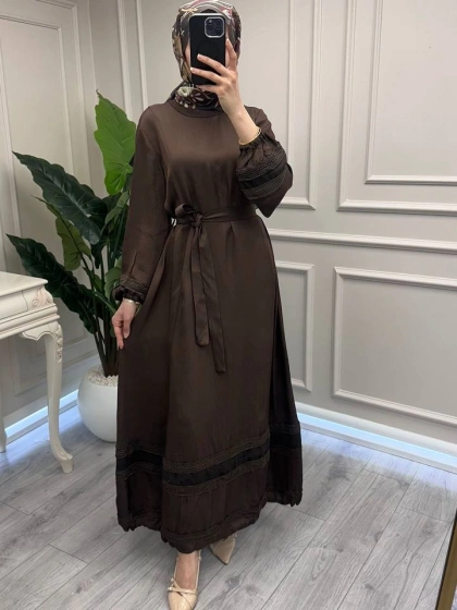 Misswhence 39836 Kahverengi Dantel Detaylı Elbise