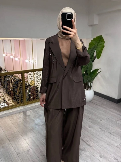 Ceremony 26Y835 Kahverengi Cebi Taş İşlemeli İkili Takım