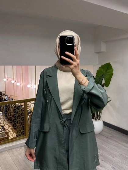 Ceremony 26Y835 Yeşil Cebi Taş İşlemeli İkili Takım