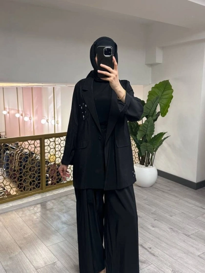 Ceremony 26Y835 Siyah Cebi Taş İşlemeli İkili Takım