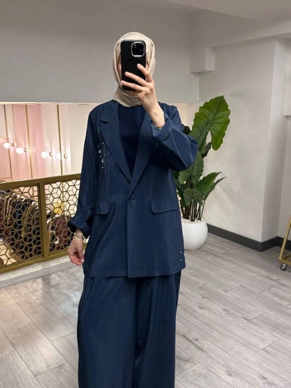 Ceremony 26Y835 Lacivert Cebi Taş İşlemeli İkili Takım