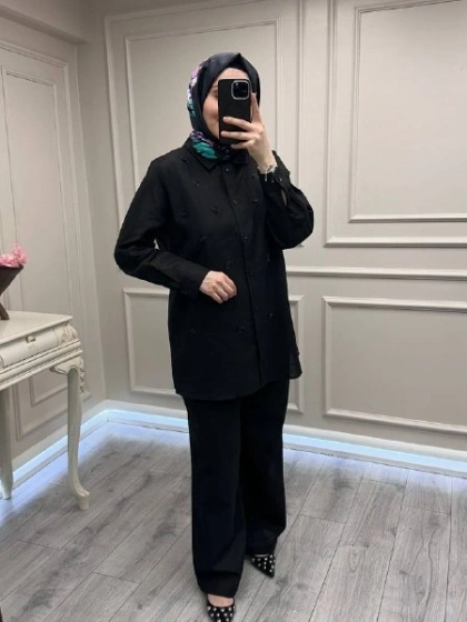 Wennora 1022 Siyah Taş İşleme Detaylı Keten Takım