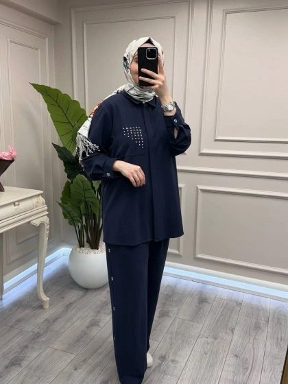 Wennora 1018 Lacivert Cep Detaylı İkili Takım