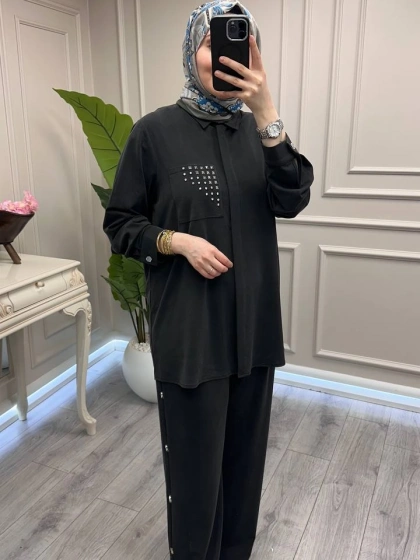 Wennora 1018 Siyah Cep Detaylı İkili Takım