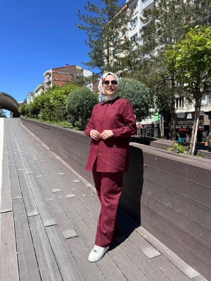 Wennora 1022 Bordo Taş İşleme Detaylı Keten Takım