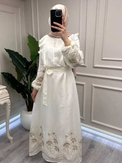 Nuss Triko 26Y2053 Krem Nakış İşleme Detaylı Elbise