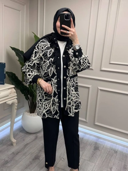 Ghisa 3610C3380 Siyah Güpür Detaylı Ceket