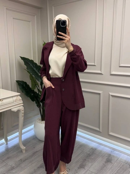 Ceremony 26Y938 Bordo Kolu Arma Detaylı Ceketli Modal Takım