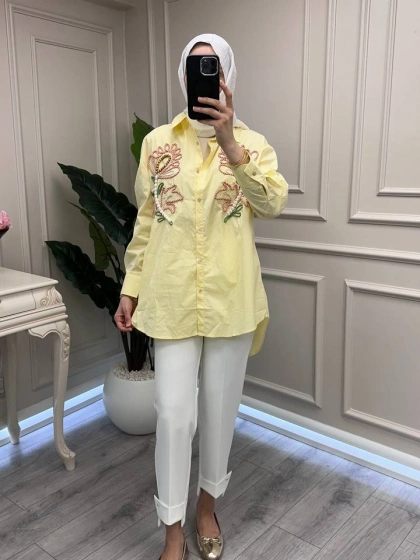 Ghisa 3611G4433 Sarı Nakış İşlemeli Gömlek