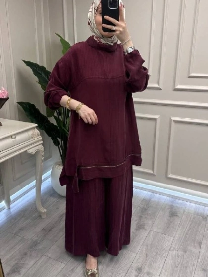 Misswhence 39009 Bordo Fermuar Detaylı Tunik Takım