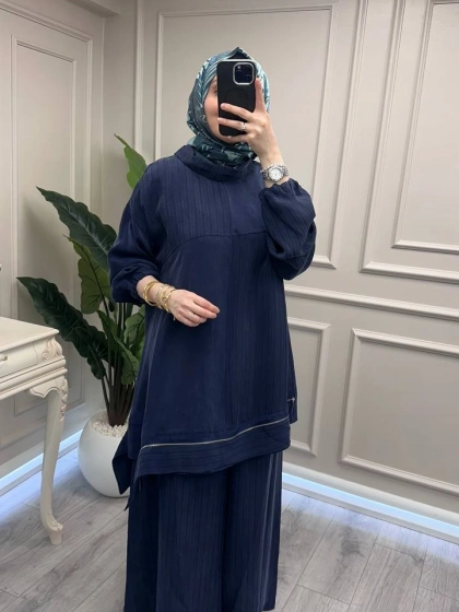 Misswhence 39009 Lacivert Fermuar Detaylı Tunik Takım
