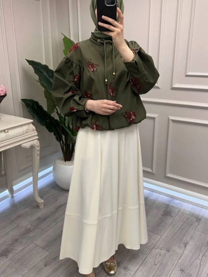 Ghisa 3610C3420 Yeşil İşleme Detaylı Kısa Ceket