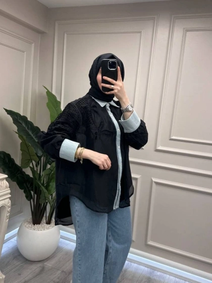 Ghisa 3611G4435 Siyah Denim Detaylı Gömlek