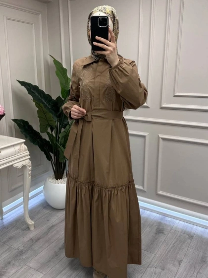 Nuss Triko 26Y2040 Camel Kemerli Gömlek Elbise
