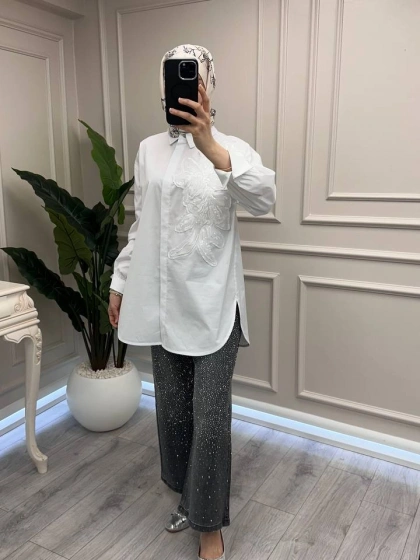 Ghisa 3610T4380 Ekru Yakası İşlemeli Tunik