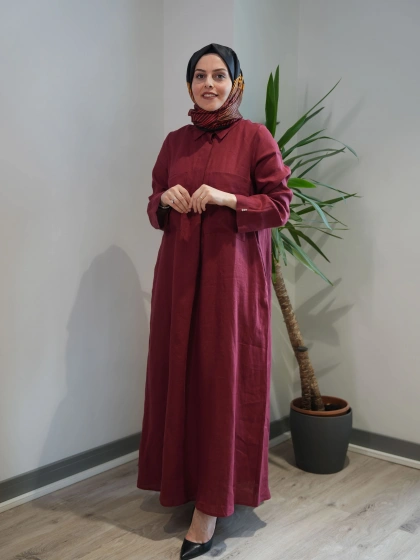 Miss Dalida 2264260 Cherry Önü Cepli Basic Keten Elbise