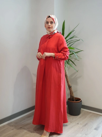 Miss Dalida 2264351 Kırmızı Gömlek Yaka İpek Keten Uzun Elbise