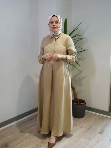 Miss Dalida 2264351 Camel Gömlek Yaka İpek Keten Uzun Elbise