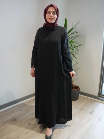 Miss Dalida 2264258 Siyah Kolları Nakışlı Uzun Keten Elbise