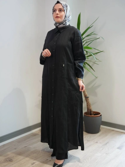Miss Dalida 2268284 Siyah Nakış Detaylı Düğmeli Keten Uzun Kap