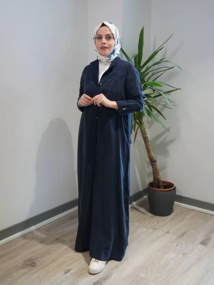 Miss Dalida 2268285 Lacivert Yakasız Yırtmaç Detaylı Keten Ceket