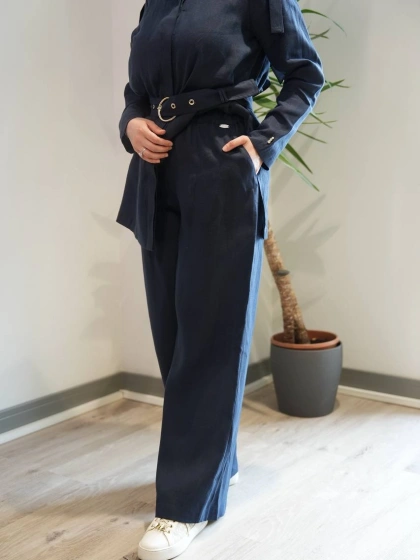 Miss Dalida 2267251 Lacivert Beli Lastikli Bol Paça Keten Pantolon