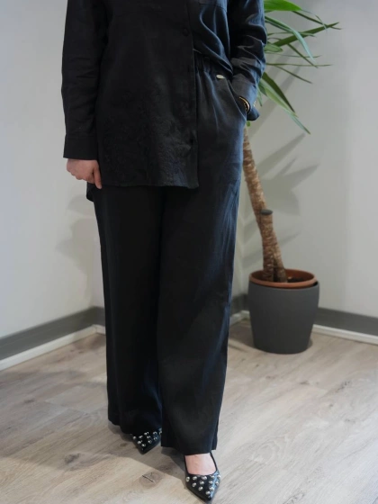 Miss Dalida 2267251 Siyah Beli Lastikli Bol Paça Keten Pantolon