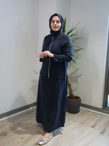 Miss Dalida T26Y-8212-2013 Lacivert Fermuarlı Şık Cupro Ceket Etek Takım