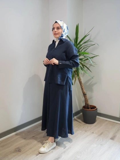Miss Dalida 2266255-2262258 Lacivert Önü Fermuarlı Keten Gömlek Etek Takım
