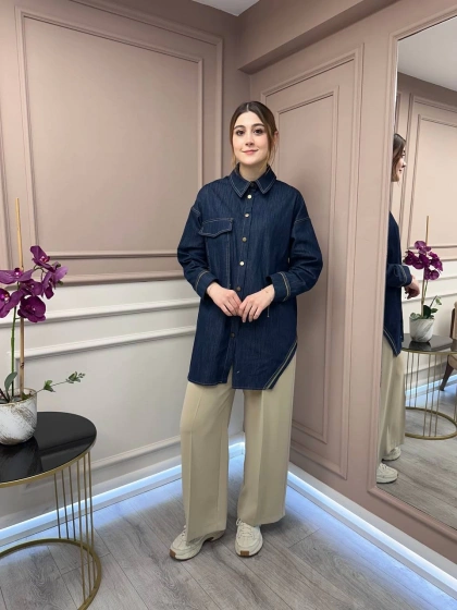 Ceremony 5103 Lacivert Biye Detaylı Denim Gömlek
