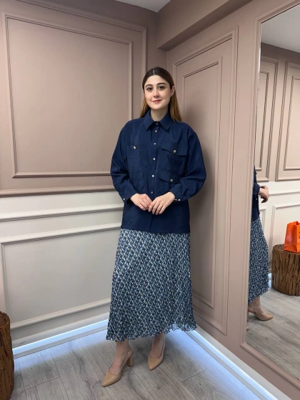 Ceremony 5135 Lacivert Üç Cepli Önden Düğmeli Kısa Gömlek