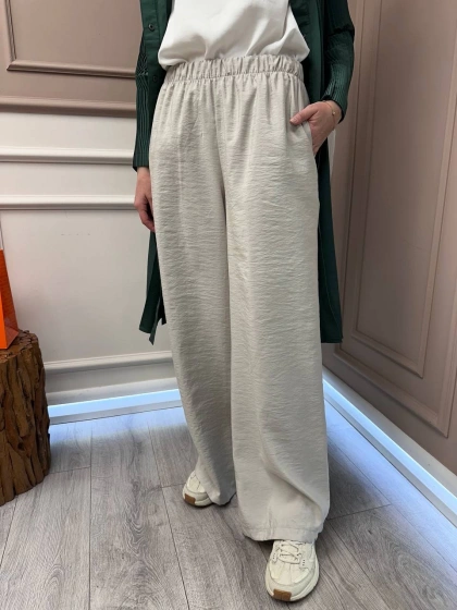 Ceremony 5355 Bej Beli Lastikli Bol Paça Pantolon